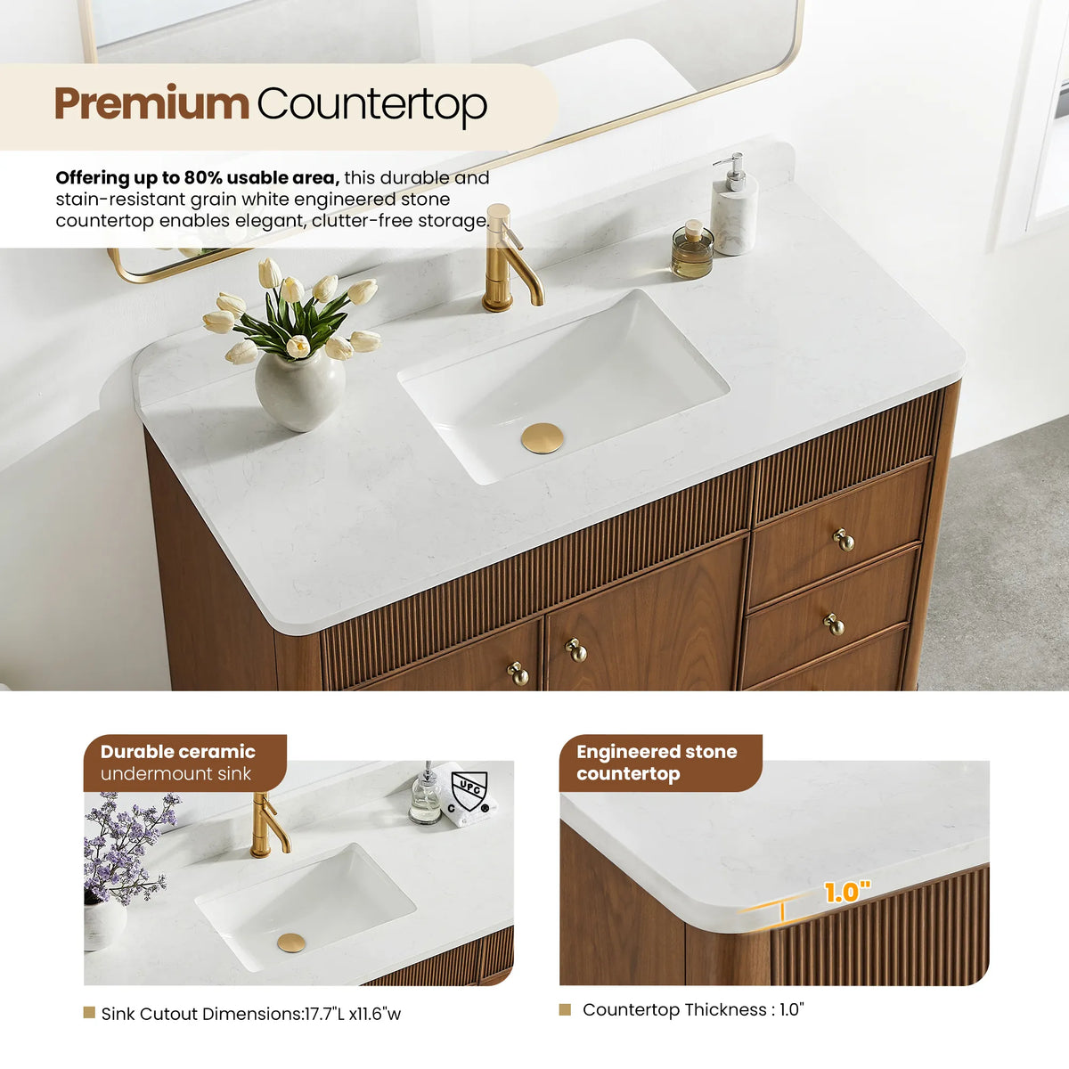 Close view of the sink area with insets for the ceramic sink and the composite stone top edge
