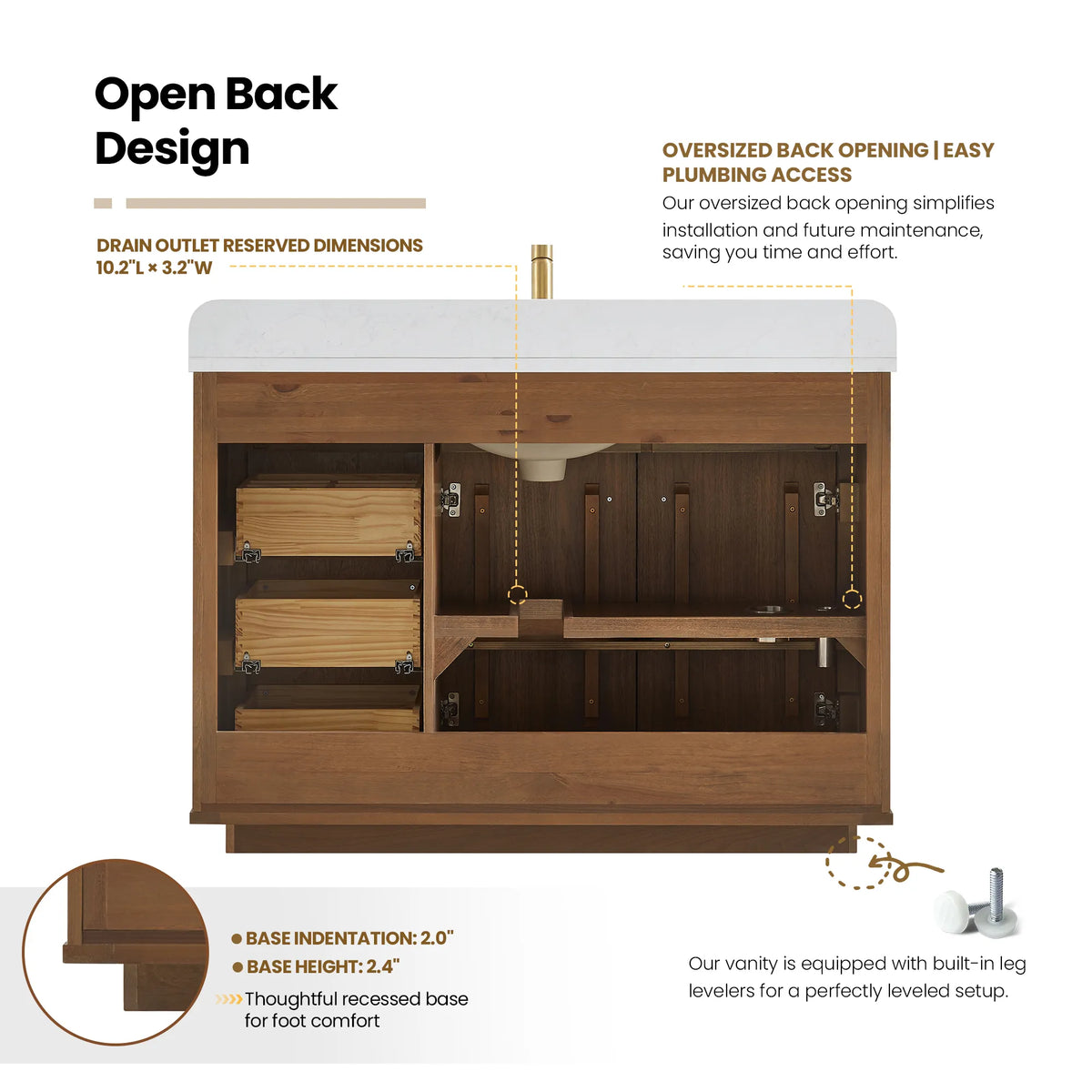 Rear diagram of the Natural Walnut cabinet, labeled with the oversized back opening for plumbing