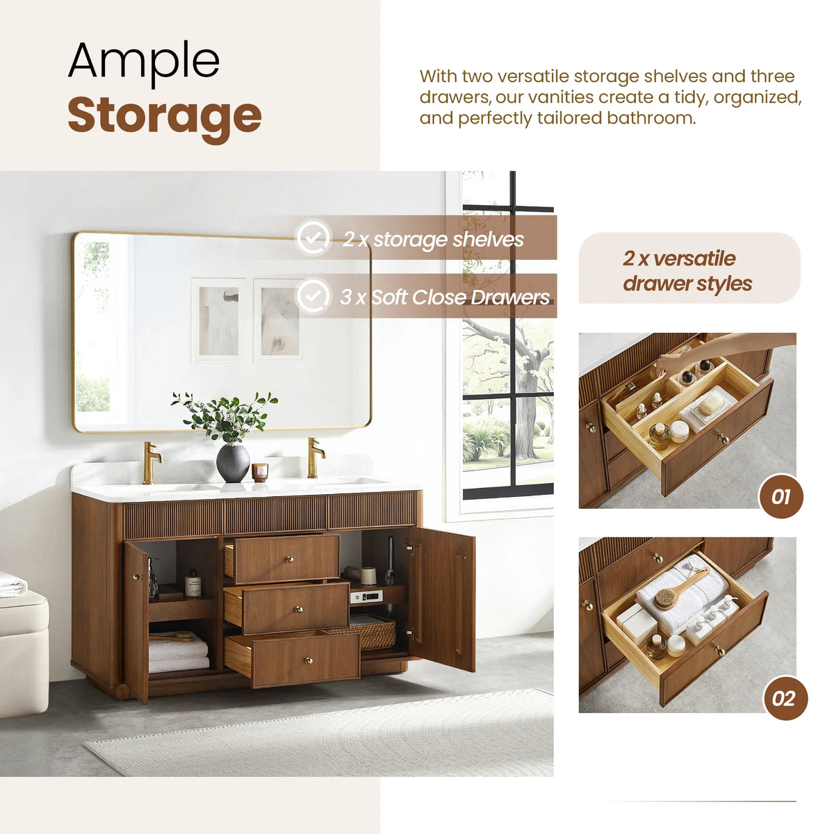 Storage callout listing two fixed shelves and three soft-close drawers, with drawer interiors