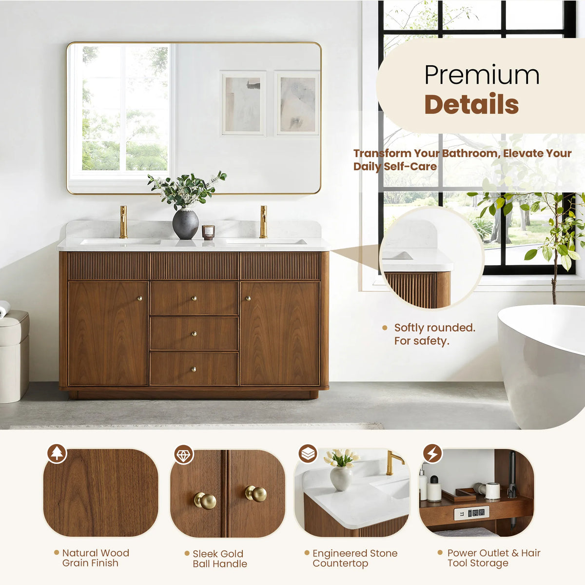 Bathroom view with a detail strip: wood grain, gold ball handle, stone top and hair tool outlets