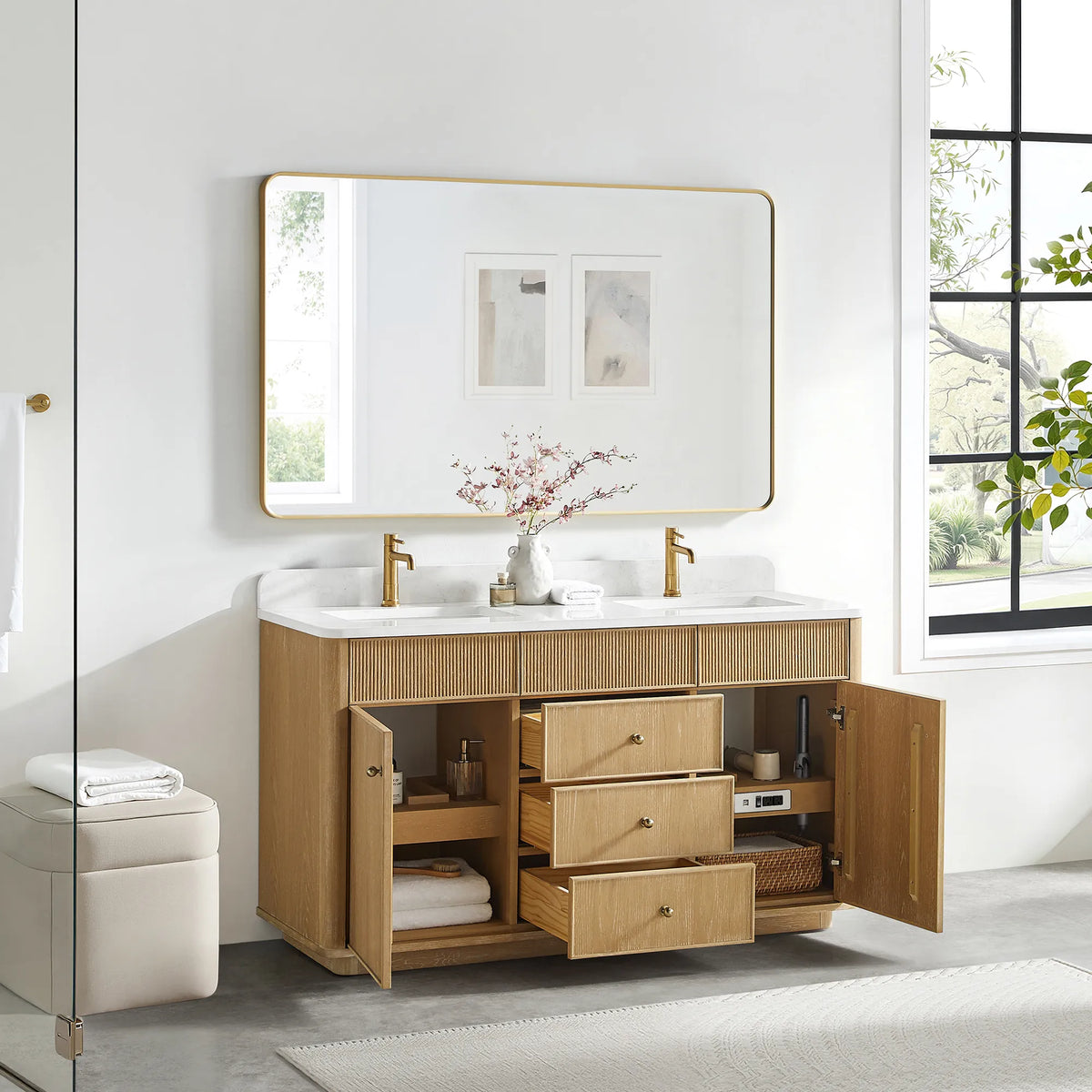 Washed Ash Grey double vanity in a bathroom with doors and drawers open, towels folded on the shelves inside