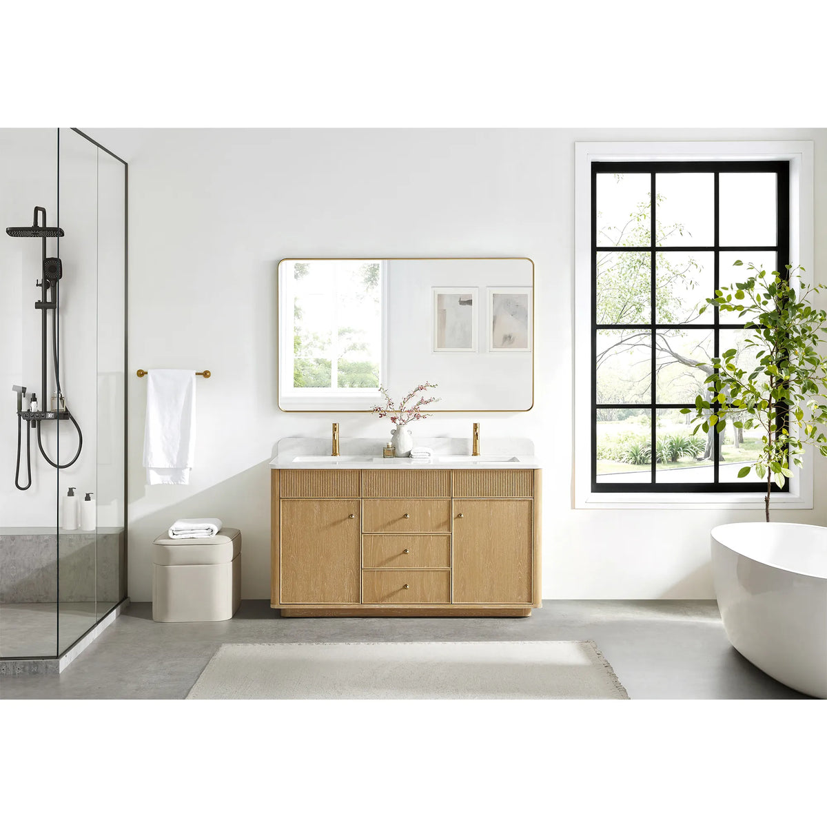 Full room setting for the 60 inch vanity in Washed Ash Grey, a glass shower on one side and a tub on the other