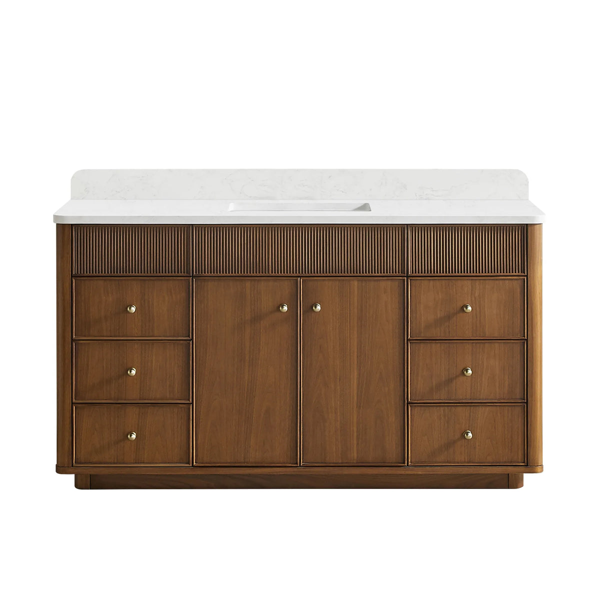 Natural Walnut 60 inch bathroom vanity, two-door and six-drawer cabinet with a fluted top rail, on white