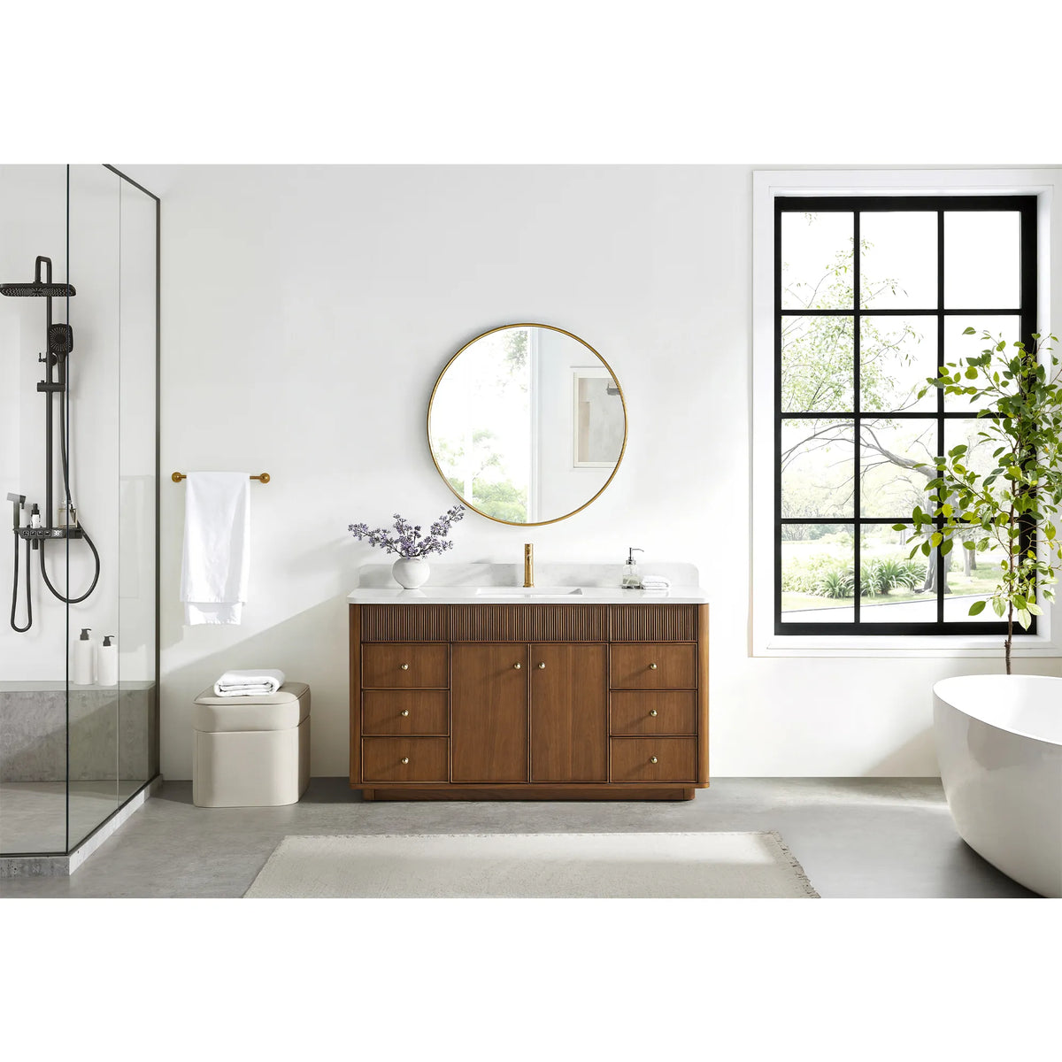 Full room setting for the 60 inch vanity in Natural Walnut, a glass shower on one side and a tub on the other