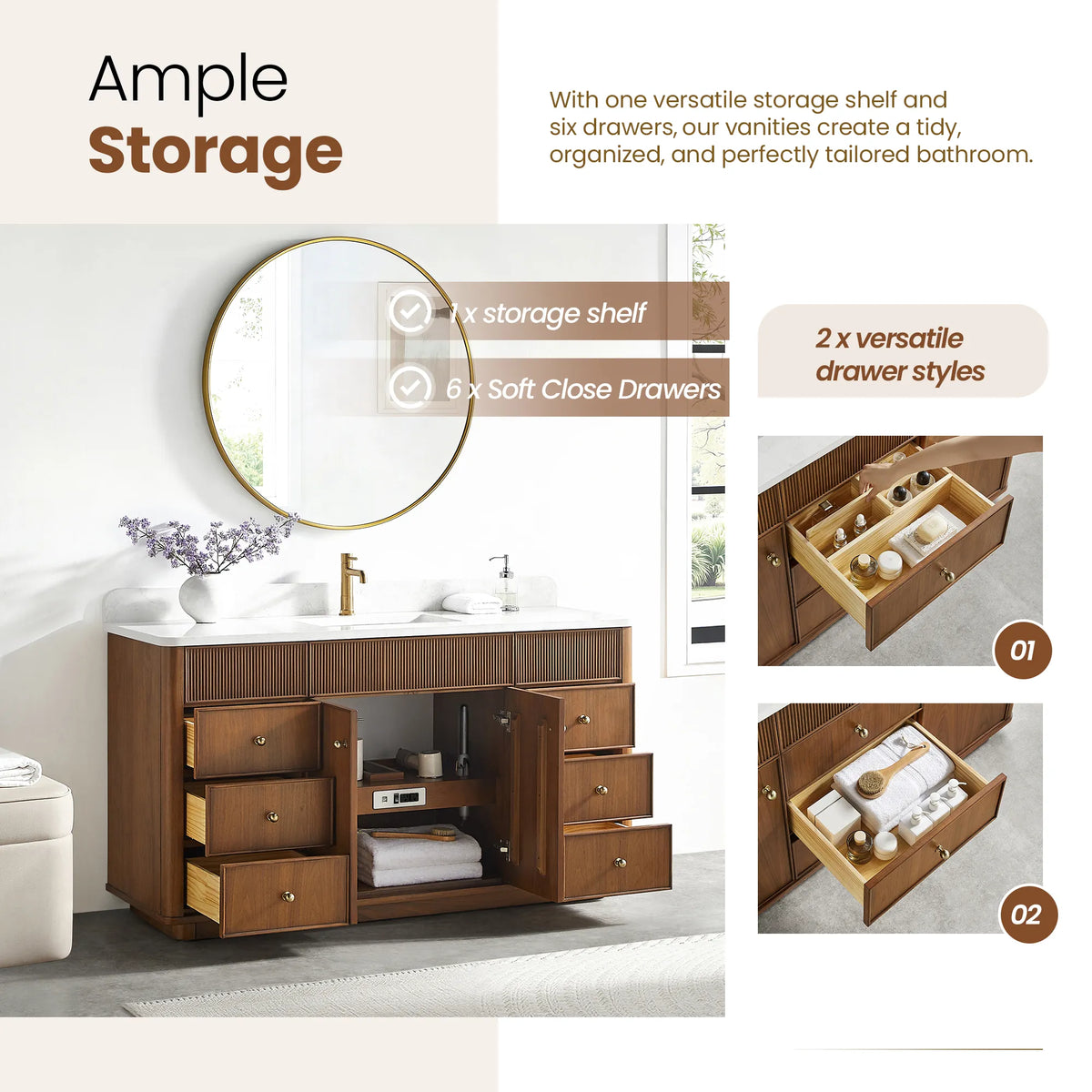 Storage callout listing one fixed shelf and six soft-close drawers, with drawer interiors