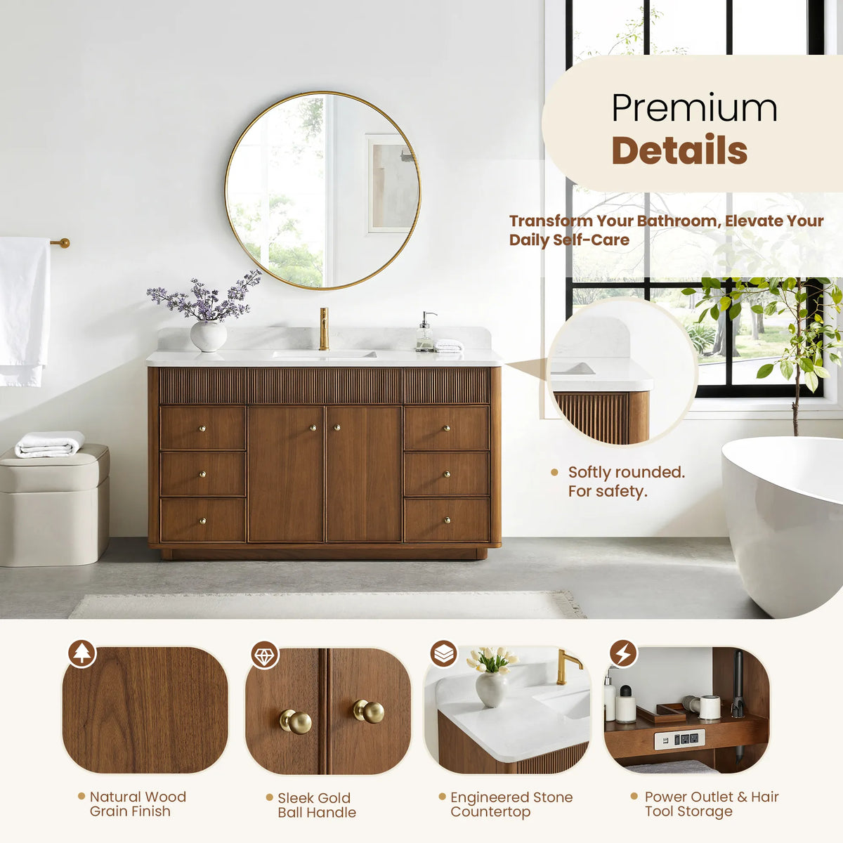 Bathroom view with a detail strip: wood grain, gold ball handle, stone top and hair tool outlets