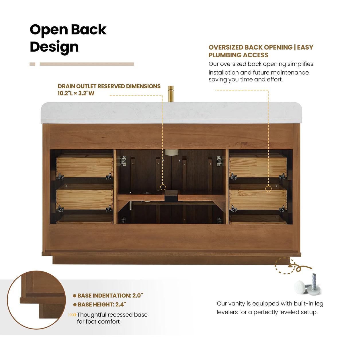 Rear diagram of the Natural Walnut cabinet, labeled with the oversized back opening for plumbing