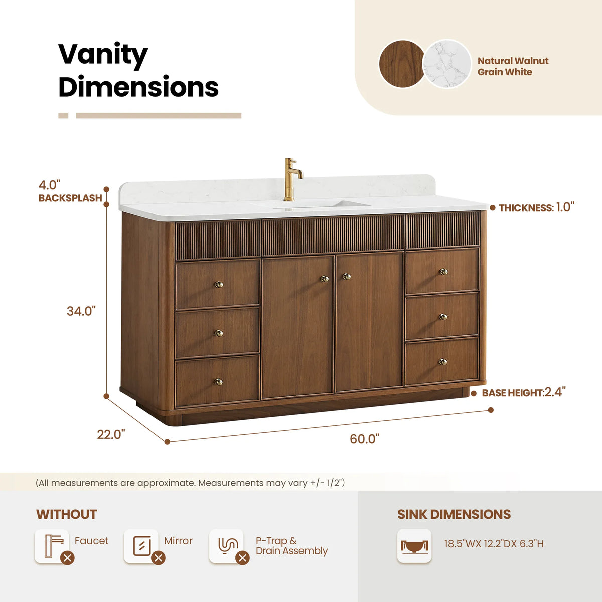 Size diagram for the Natural Walnut vanity: 60.0 by 22.0 by 34.0 inches