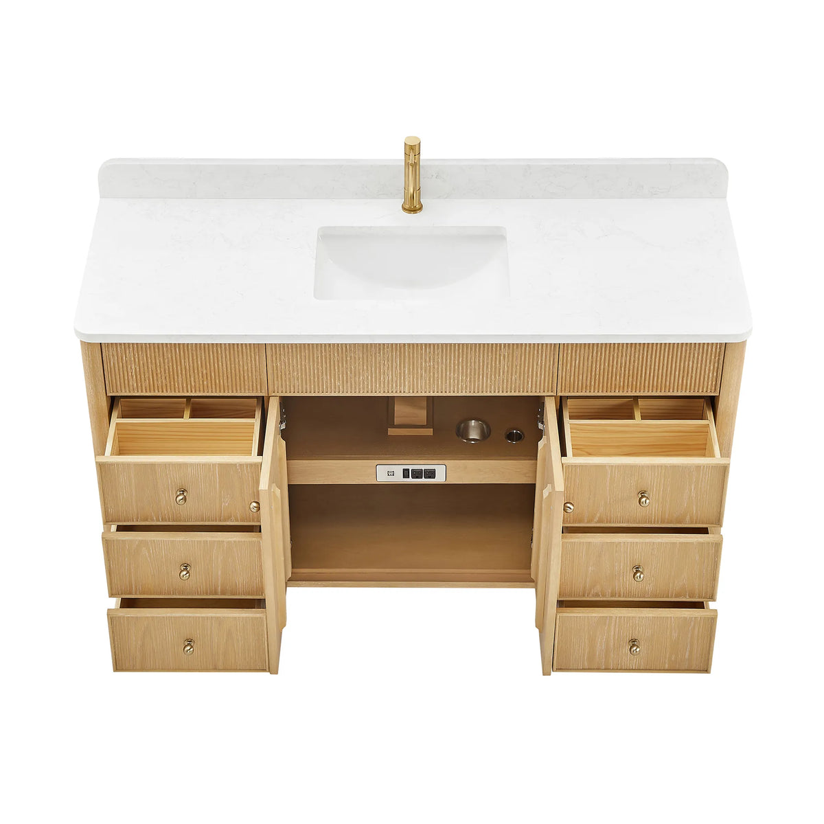 Washed Ash Grey vanity seen from above with its doors and drawers swung open on the shelf and outlet strip