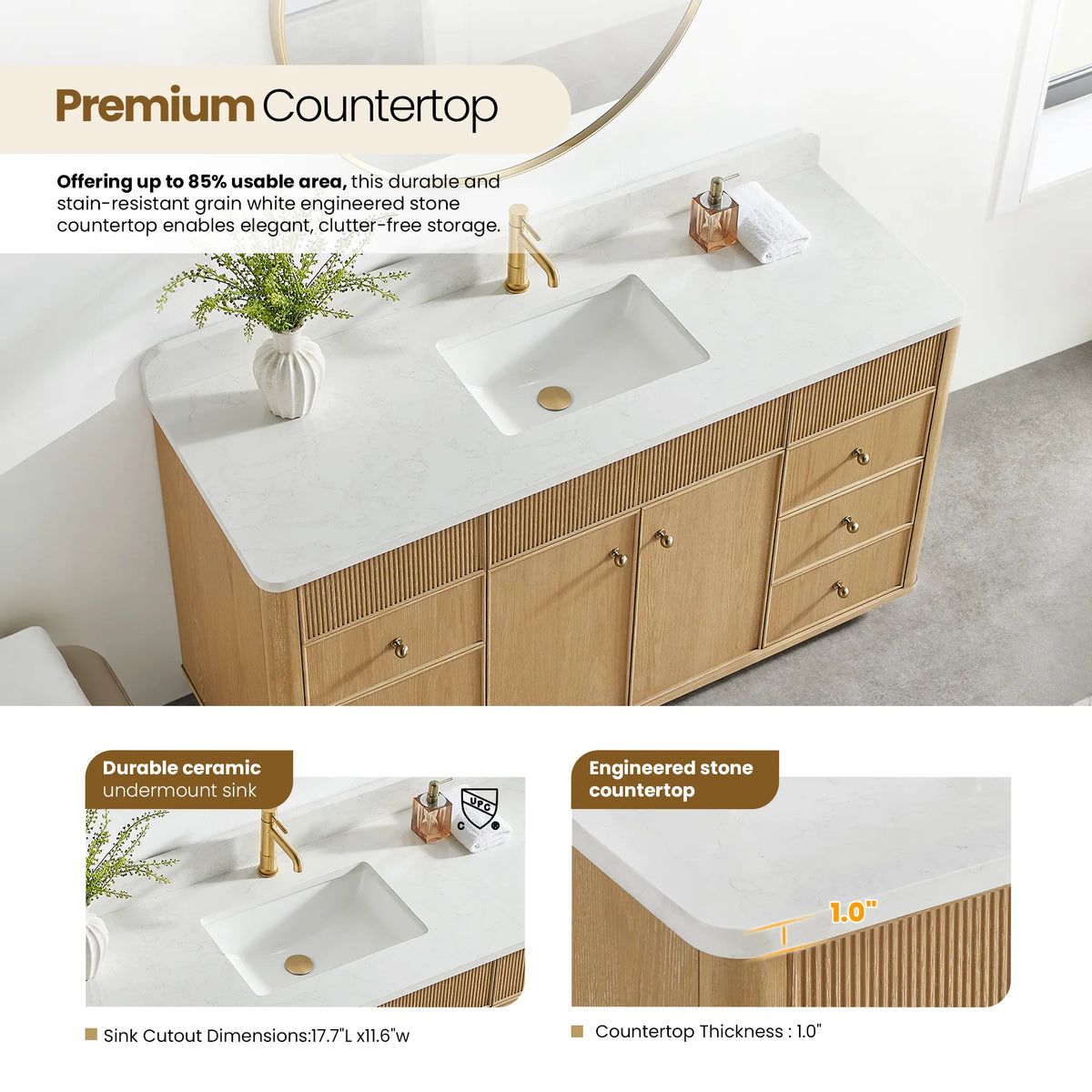 Close view of the sink area with insets for the ceramic sink and the composite stone top edge