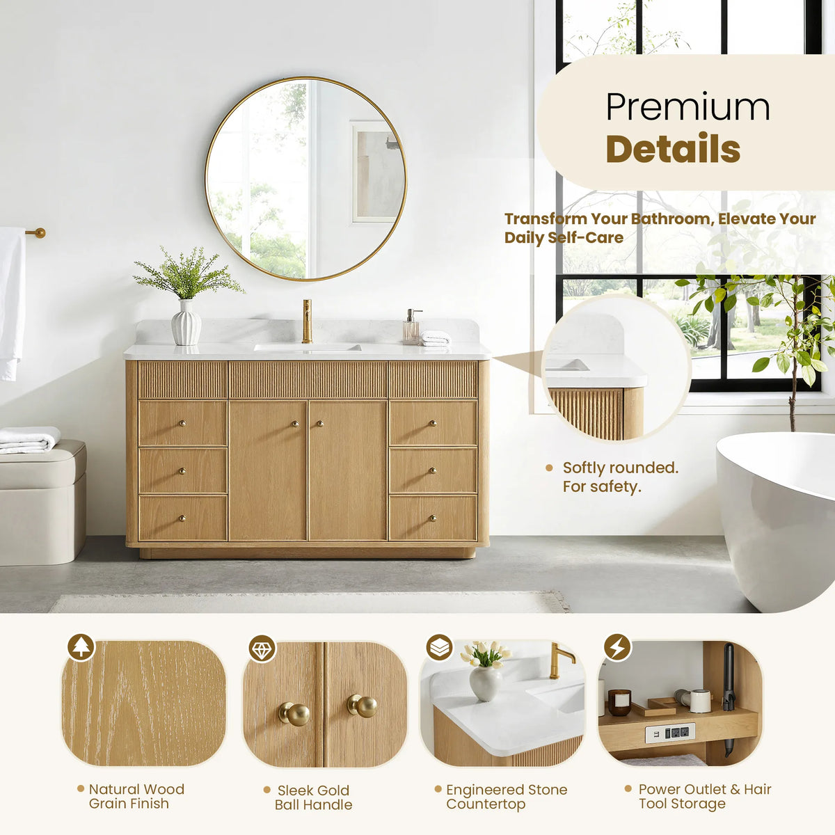 Bathroom view with a detail strip: wood grain, gold ball handle, stone top and hair tool outlets