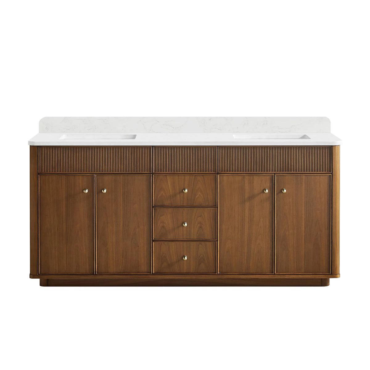 Natural Walnut 72 inch double sink bathroom vanity, four-door and three-drawer cabinet with a fluted top rail, on white