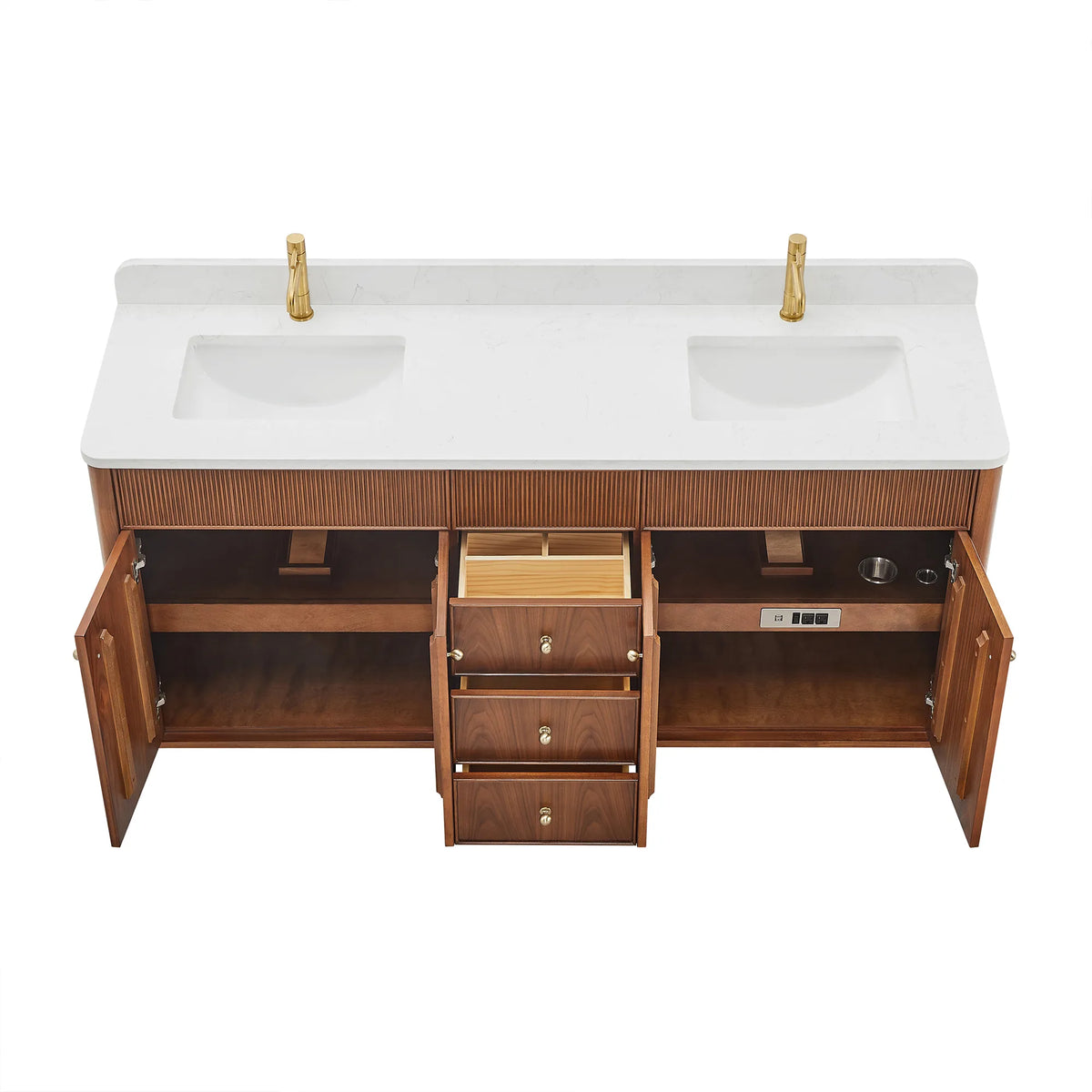 Natural Walnut double vanity from above with the doors open on shelves and an outlet strip, drawers pulled out