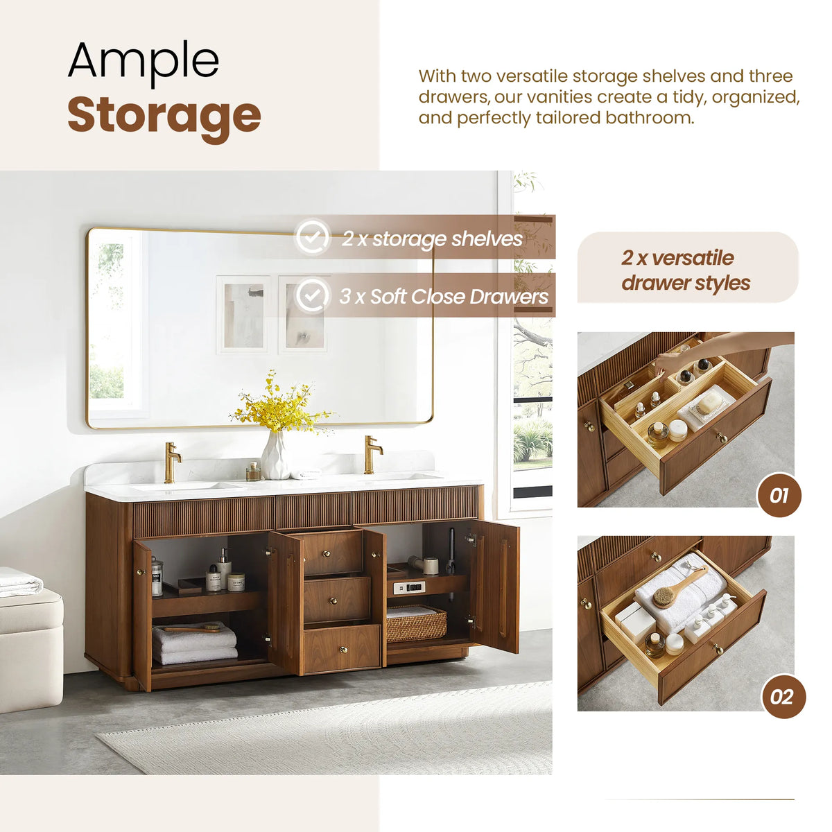 Storage callout listing two fixed shelves and three soft-close drawers, with drawer interiors