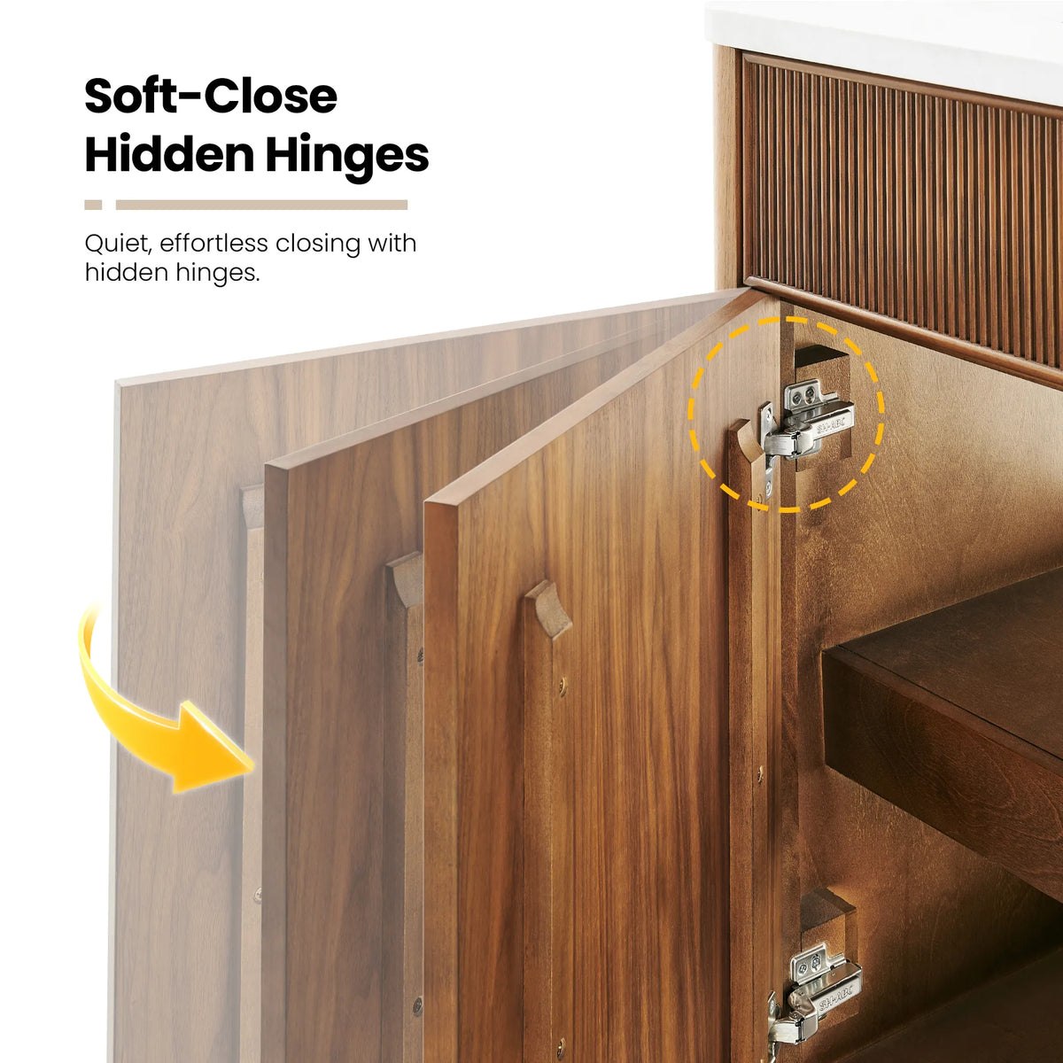 Open door on the Natural Walnut vanity with a soft-close callout and a circled detail at the door edge