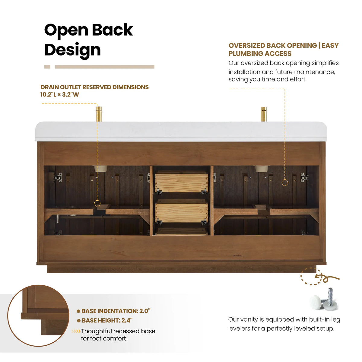 Rear diagram of the Natural Walnut cabinet, labeled with the oversized back opening for plumbing