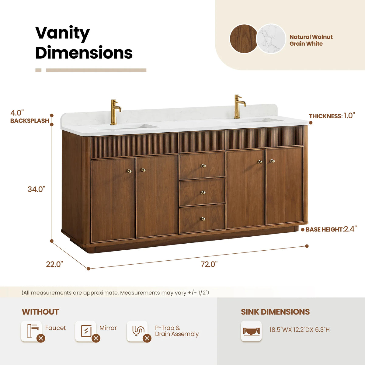 Size diagram for the Natural Walnut vanity: 72.0 by 22.0 by 34.0 inches