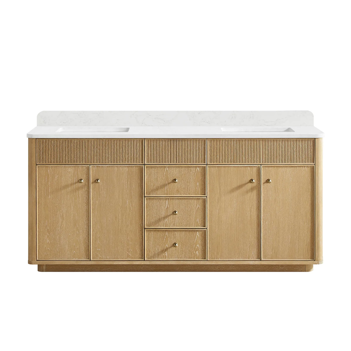 Washed Ash Grey 72 inch double sink bathroom vanity, four-door and three-drawer cabinet with a fluted top rail, on white