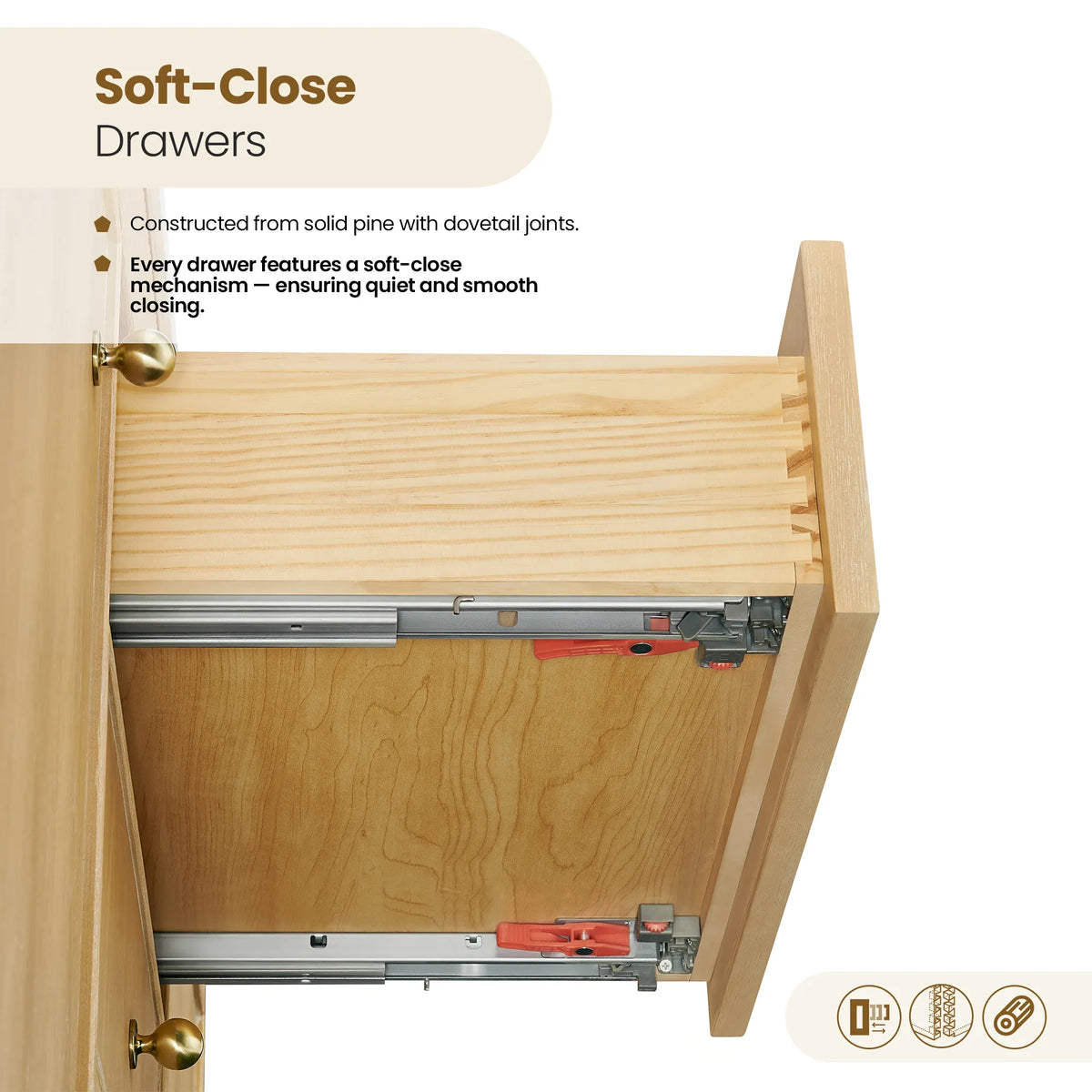 Close view of dovetail drawer construction and the extension slide, noted as soft-close