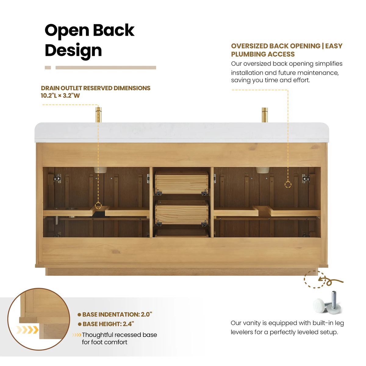 Rear diagram of the Washed Ash Grey cabinet, labeled with the oversized back opening for plumbing
