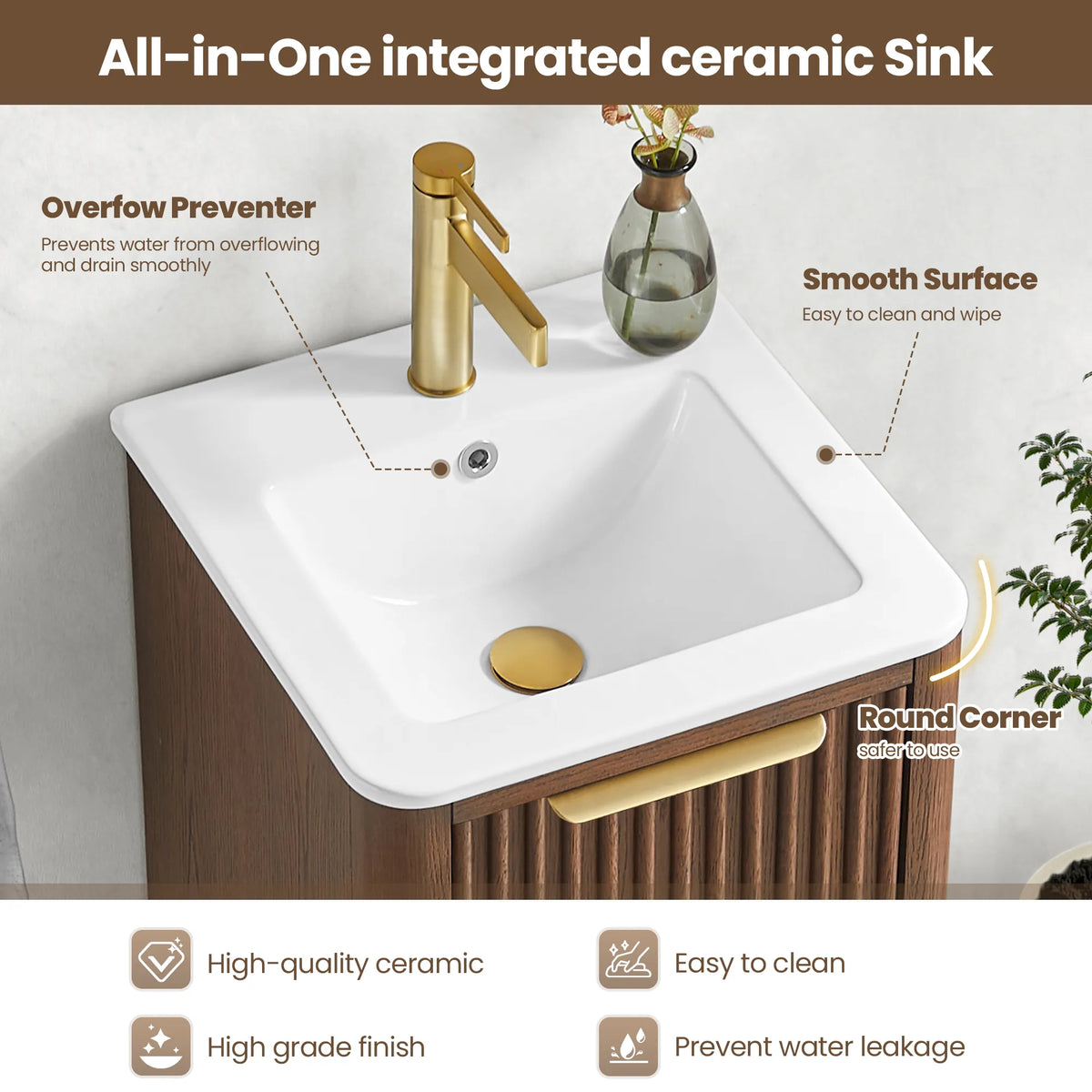 Close view of the one-piece ceramic basin top, a gold faucet and drain, labeled for easy cleaning and leak prevention