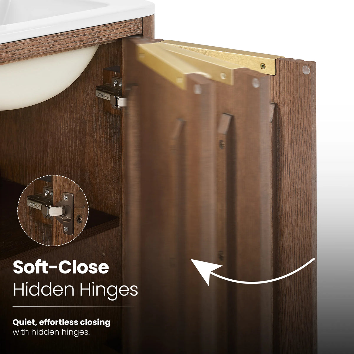 Soft-close hidden hinge detail on the 18-inch cabinet door, with a gold handle edge above the ribbed front