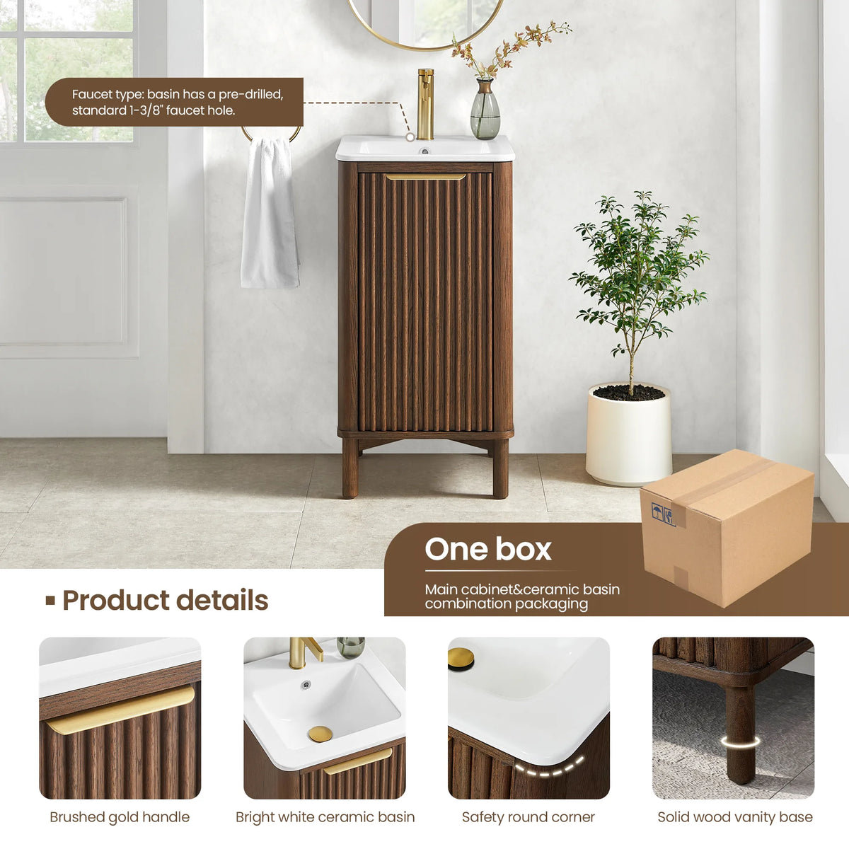 Product details graphic for the 18-inch vanity: faucet hole note, plus close views of the gold handle, white basin and base