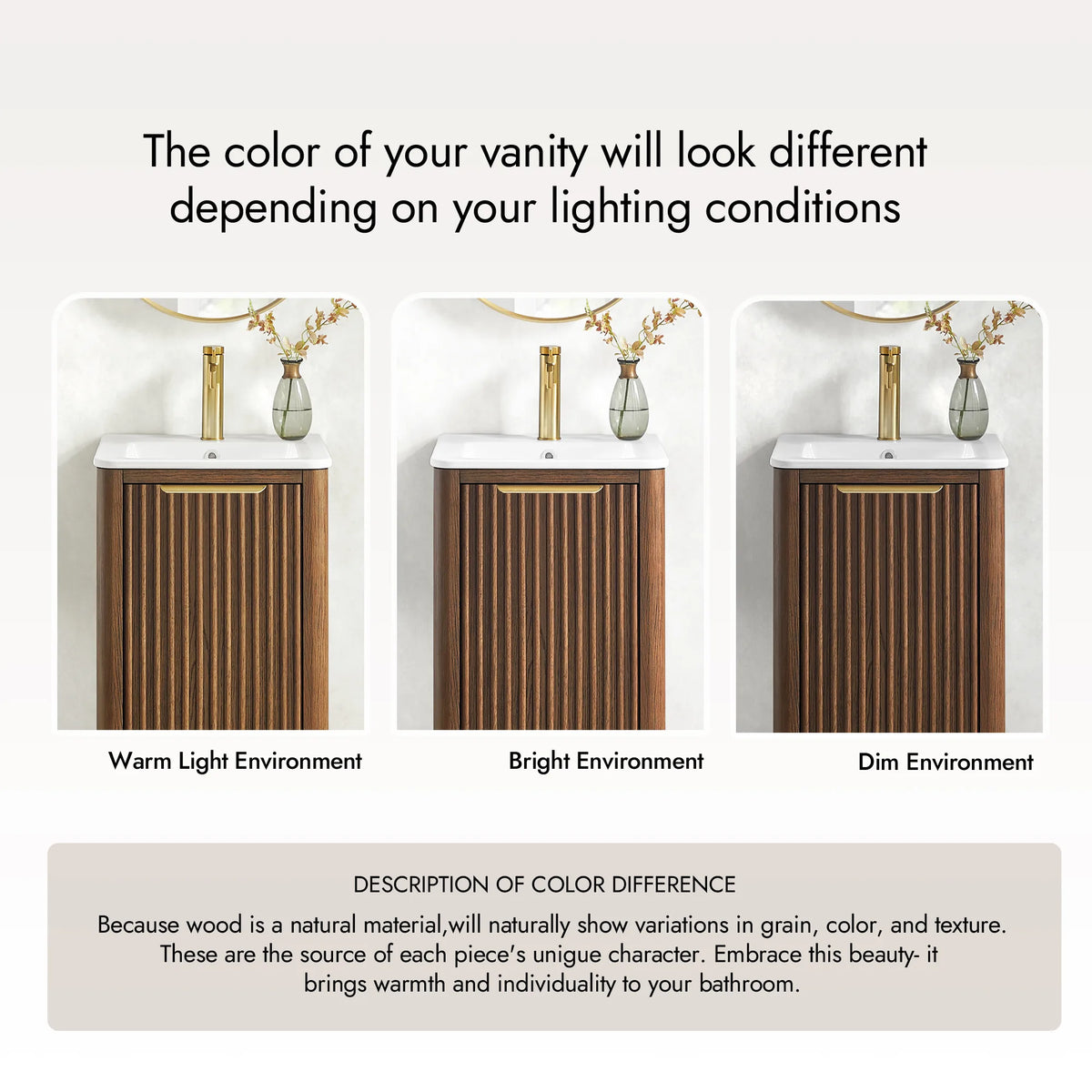 Color difference guide with three close views of the ribbed door and its gold pull under changing light