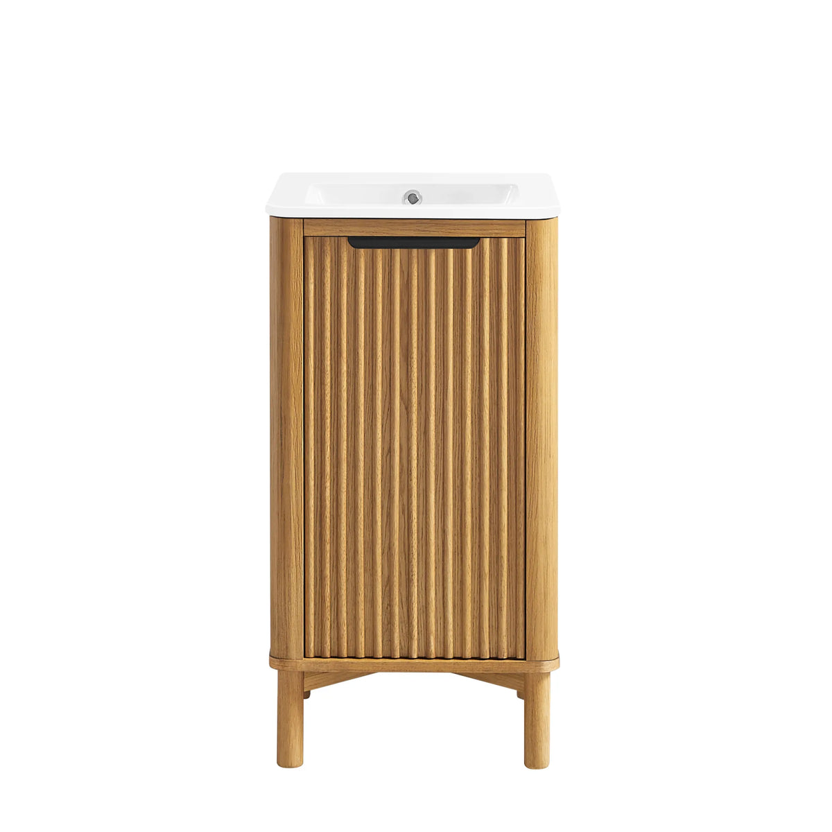 Front view of a compact 18-inch freestanding single bathroom vanity in Oak Weathering Light Brown, on a solid wood base