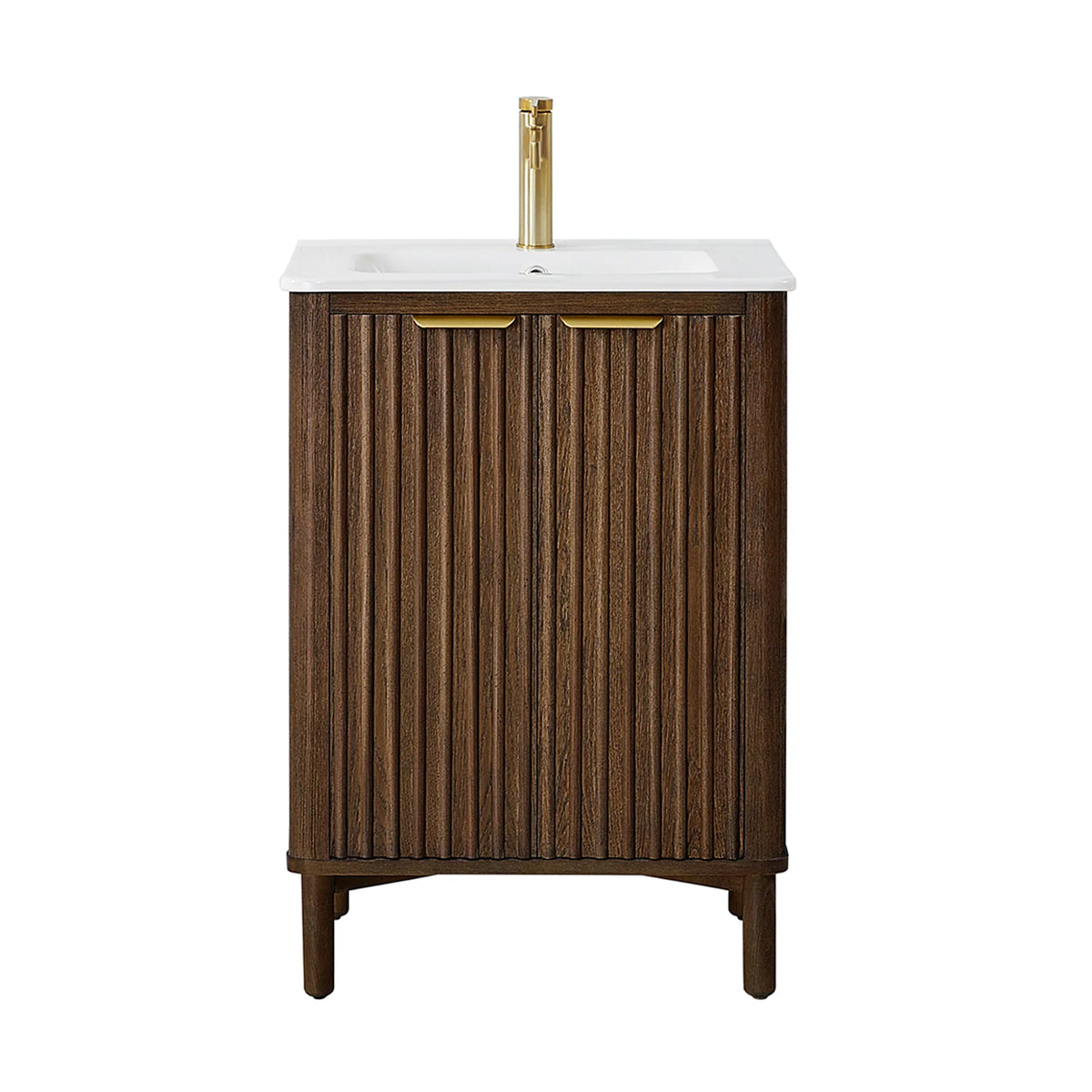 Straight-on studio shot of the 24-inch single vanity and its ribbed double doors; the faucet pictured is sold apart