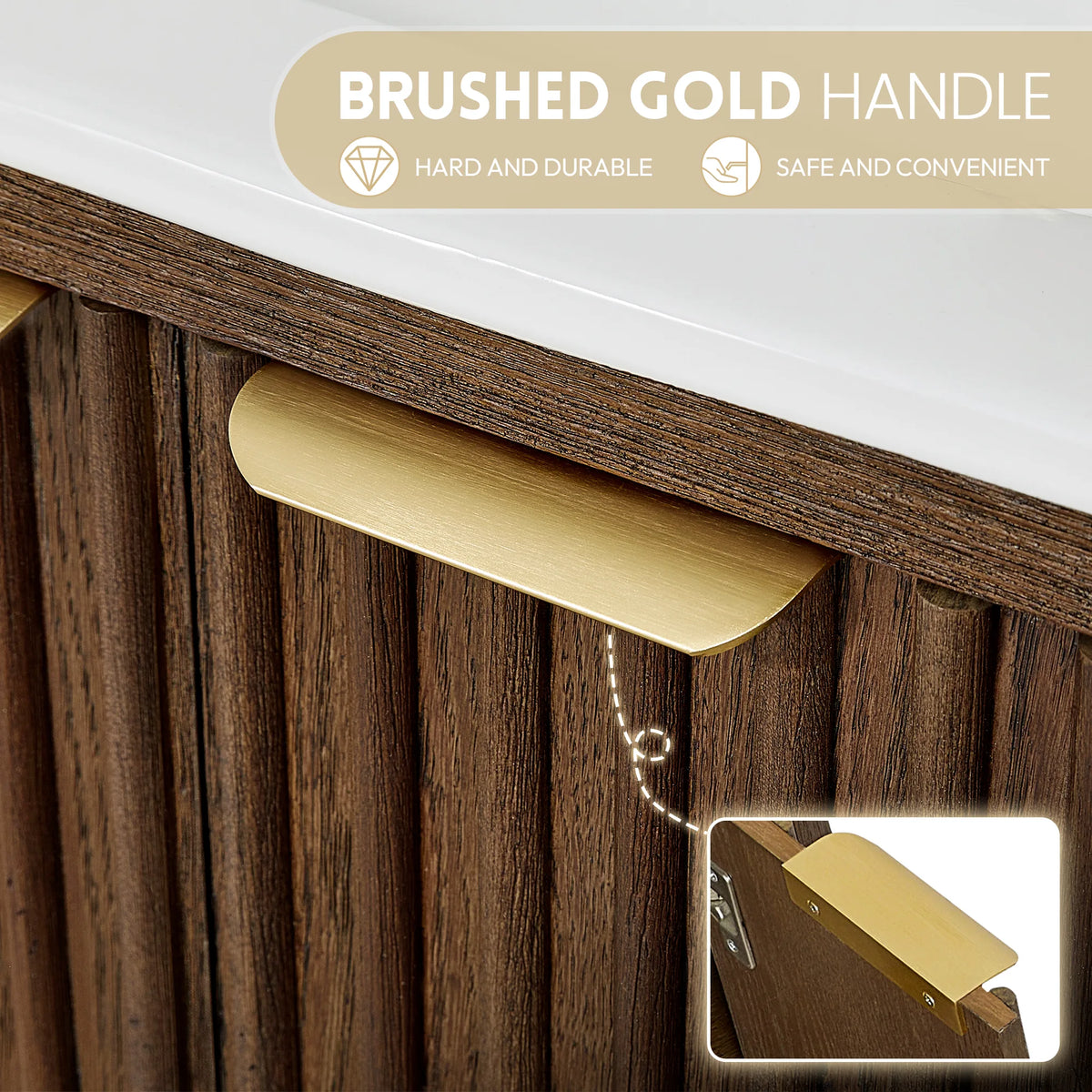 Close detail of a curved gold pull set into ribbed dark wood, labeled hard and durable