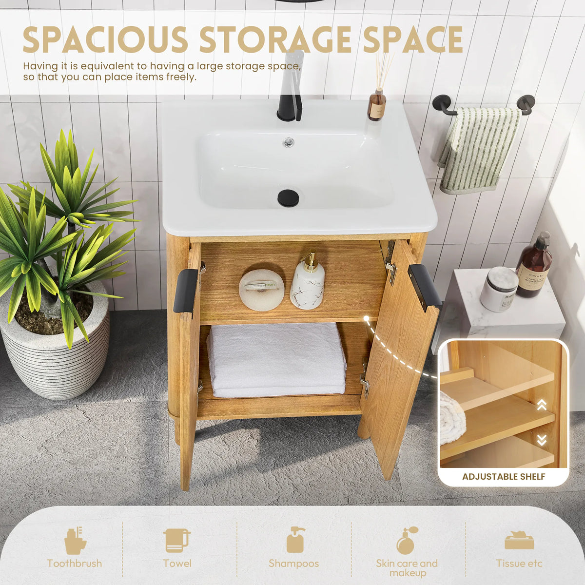 Storage view of the 24-inch single vanity with an inset of the shelf and icons for toiletries and tissue