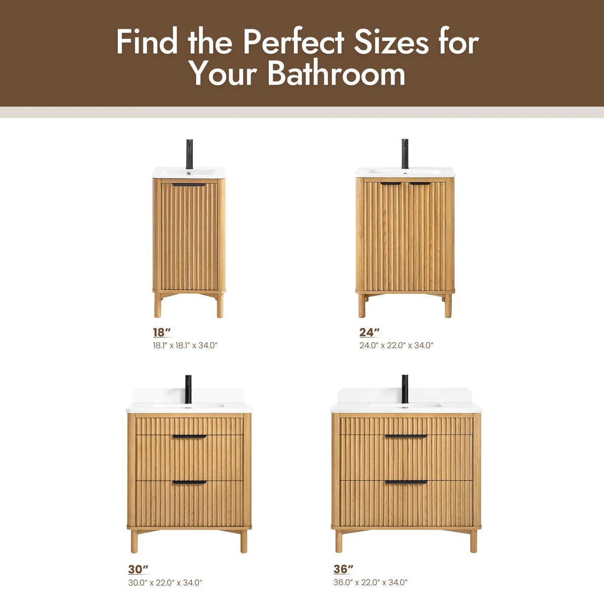 Find-your-size graphic for the line, with narrower cabinets above and wider vanities below, each labeled by size