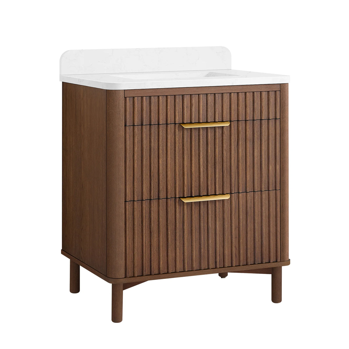 Front view of a 30-inch freestanding single bathroom vanity in Aged Dark Brown Oak, backsplash rising behind the top