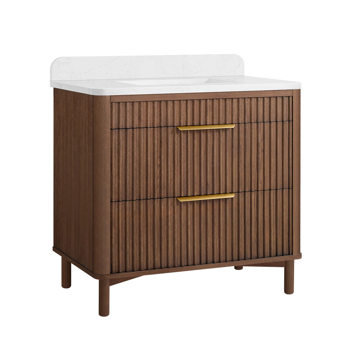 Angled studio view of a 36-inch freestanding single bathroom vanity in Aged Dark Brown Oak, with a backsplash