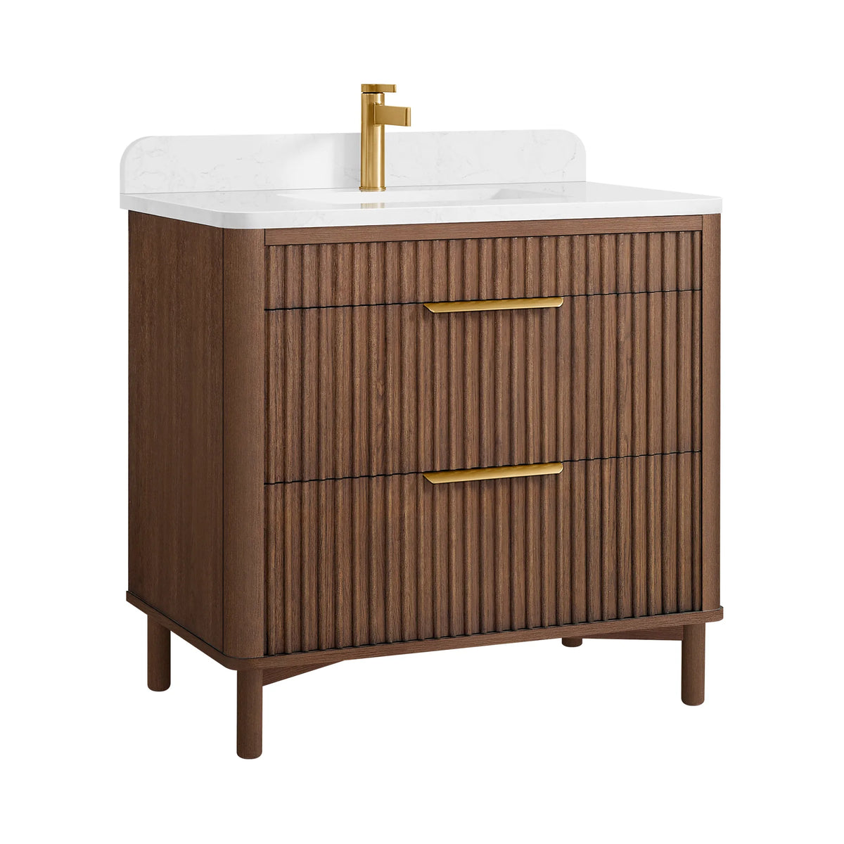 Straight-on studio shot of the 36-inch single vanity, two ribbed drawers and tall legs; the faucet pictured is separate