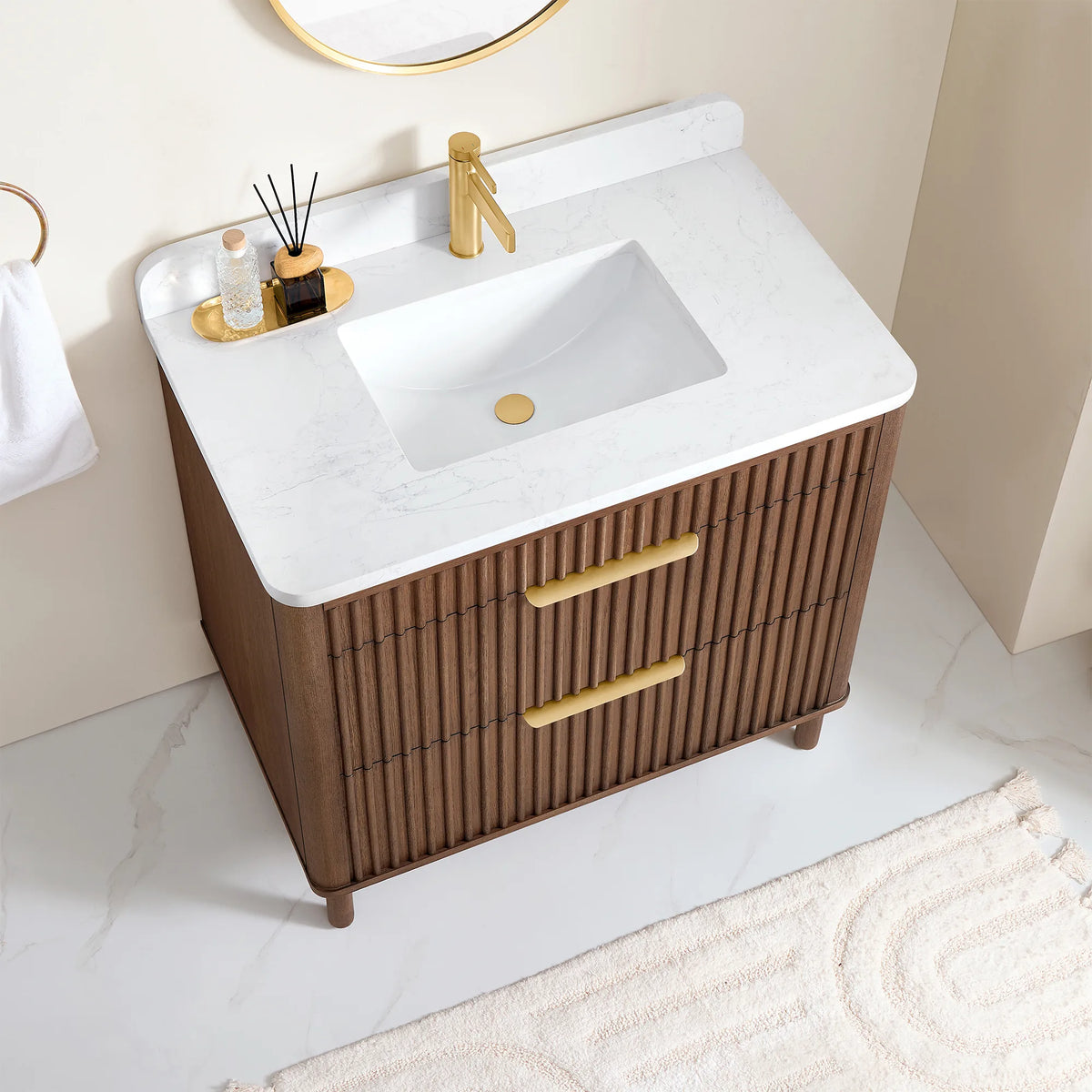 High-angle look at the 36-inch single vanity and its two drawers, with a cream rug on a pale floor