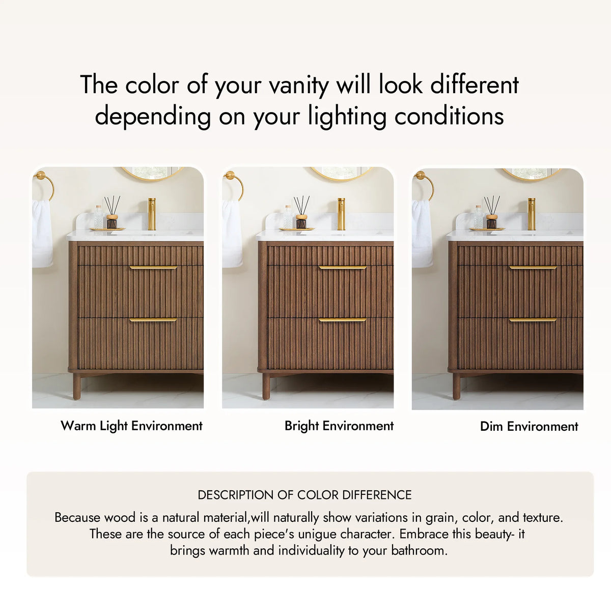 Color difference guide with three small room photos of the dark oak finish, for the 36-inch size