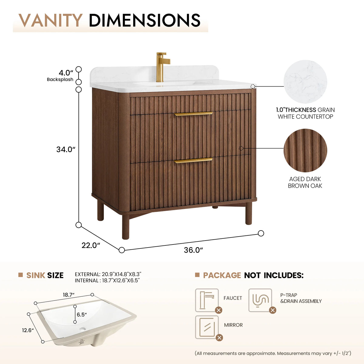 Measured diagram of the 36-inch single vanity with a sink sketch and a list of what is not included