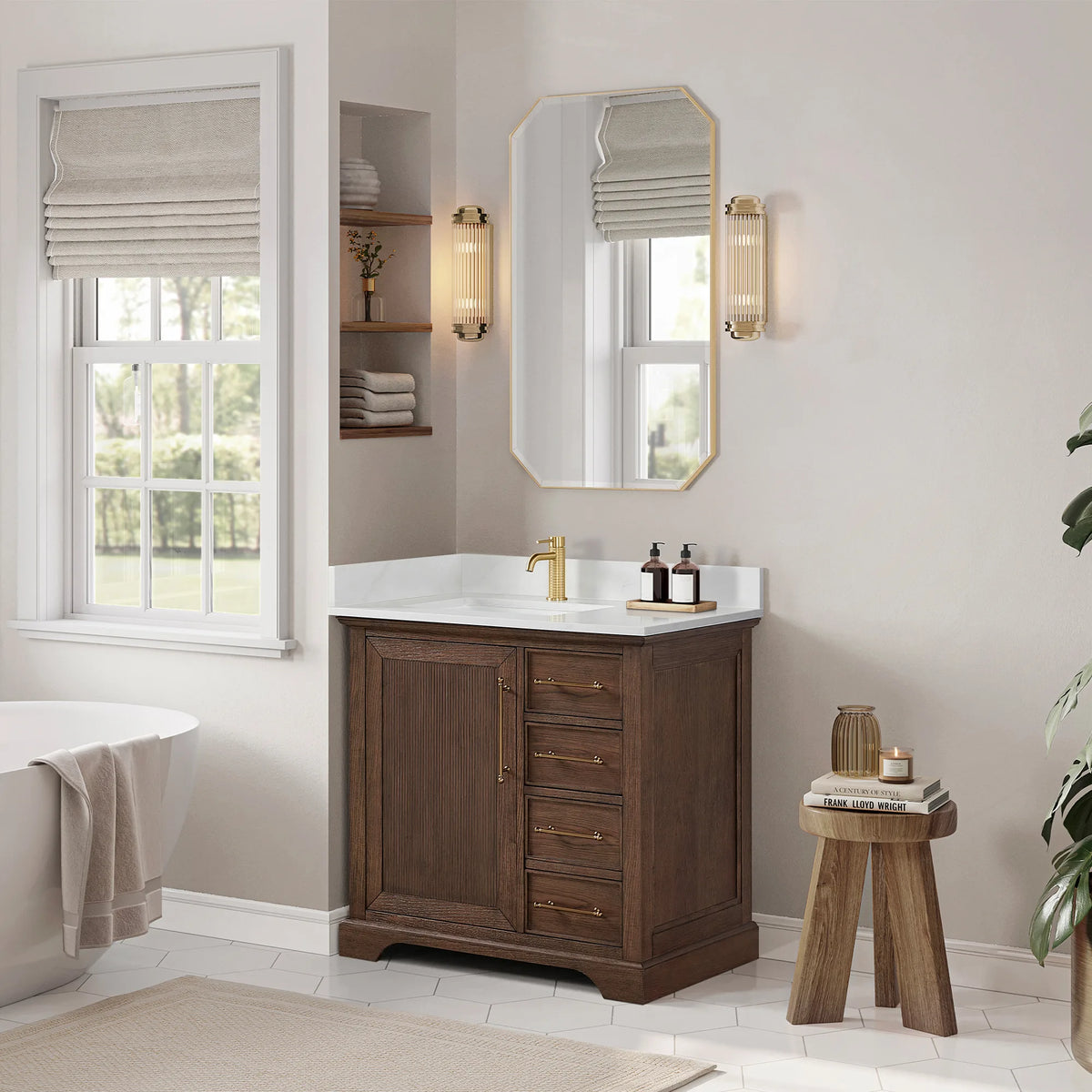 Room scene: Aged Dark Brown Oak single vanity with an octagonal mirror above and a wooden stool alongside