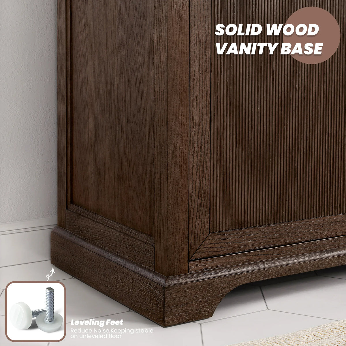 Base detail of the 36 inch Aged Dark Brown Oak vanity: solid wood plinth and leveling feet
