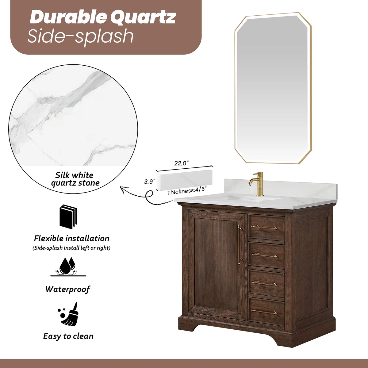 Flexible side-splash installation shown on a 36 inch single vanity in Aged Dark Brown Oak