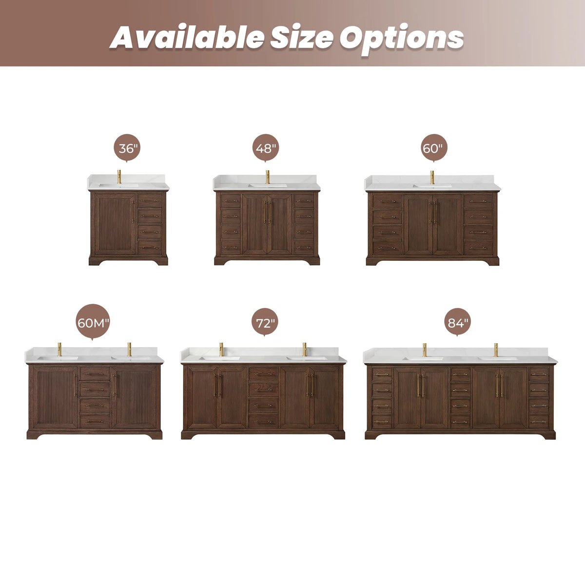 Size chart: the single and double vanities in this Aged Dark Brown Oak range