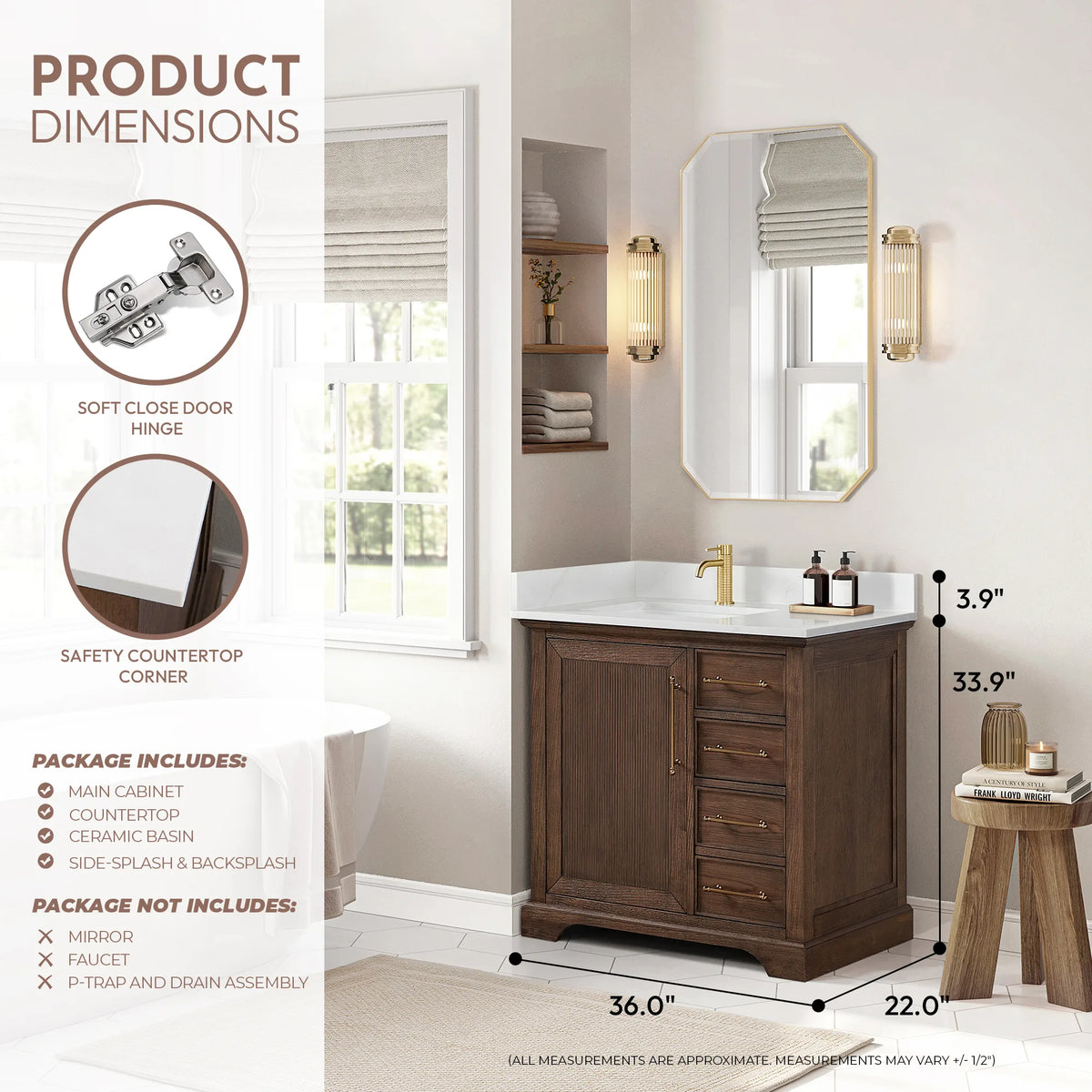 Size panel for the 36 inch single vanity: width 36, depth 22, height 34 inches