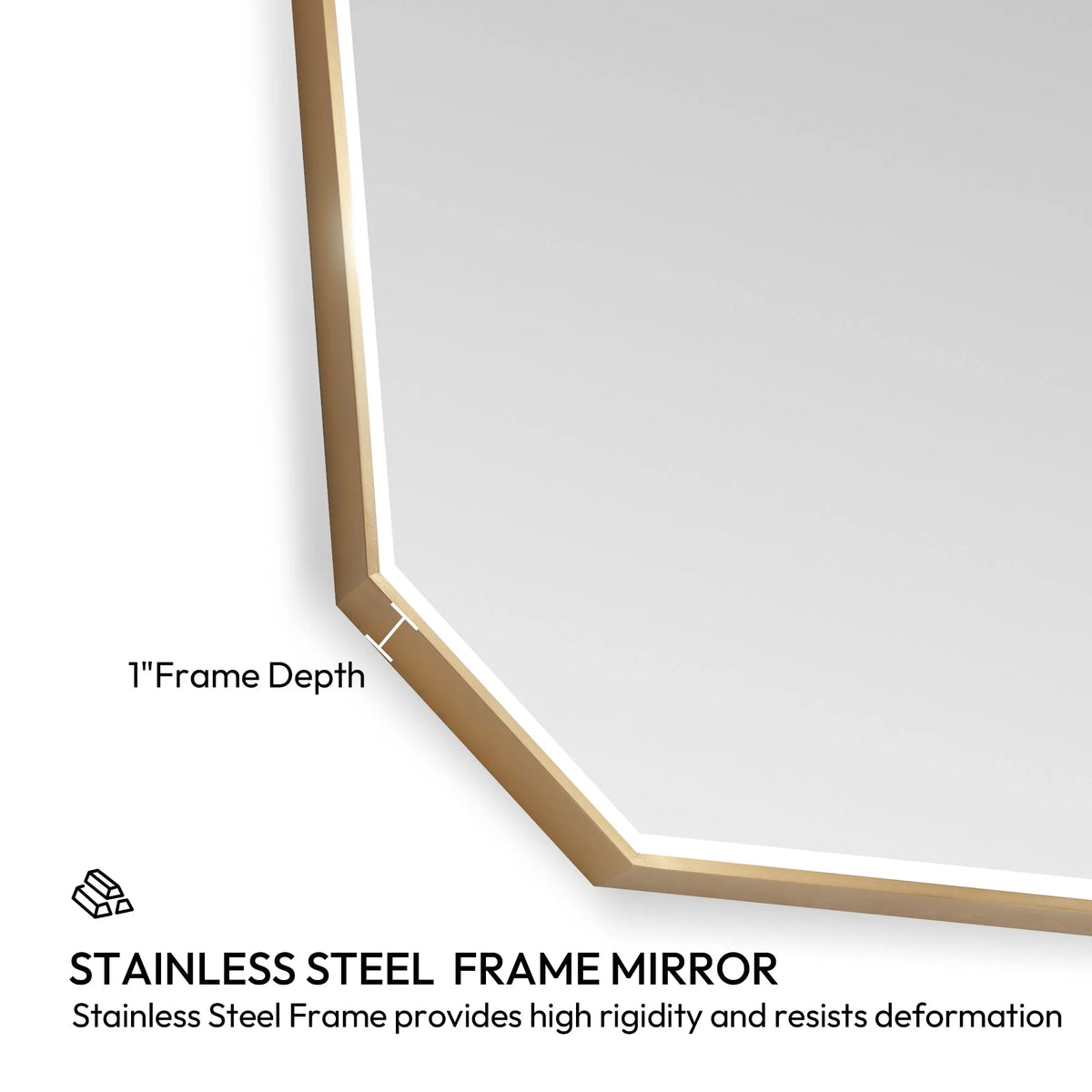 Brushed gold stainless steel frame on the octagonal mirror, shown close up