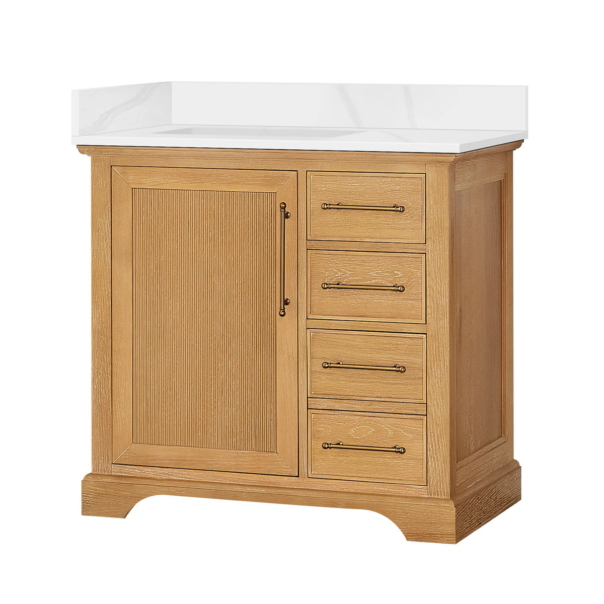 Freestanding single bathroom vanity, 36 inches wide, finished in Oak Natural Brown under a Silk White Quartz top