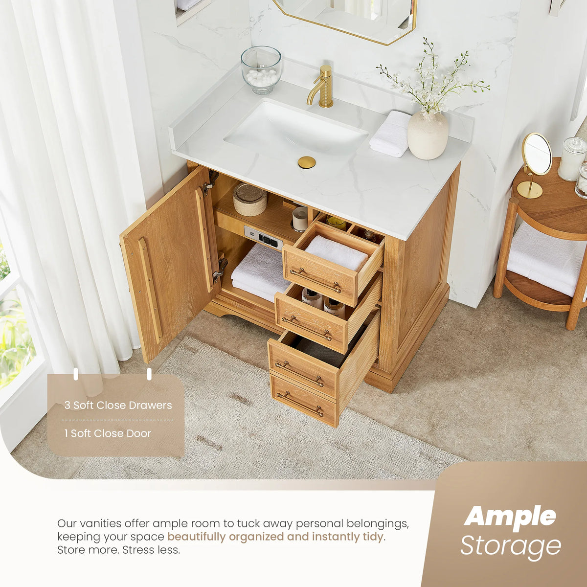 High-angle scene with the cabinet open: 36 inch single vanity in Oak Natural Brown