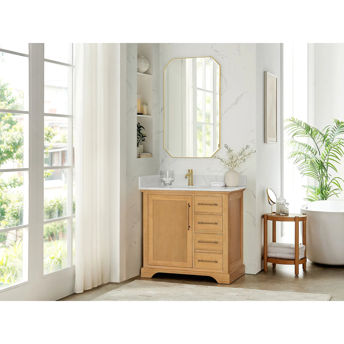 Full bathroom view featuring the 36 inch single vanity in Oak Natural Brown
