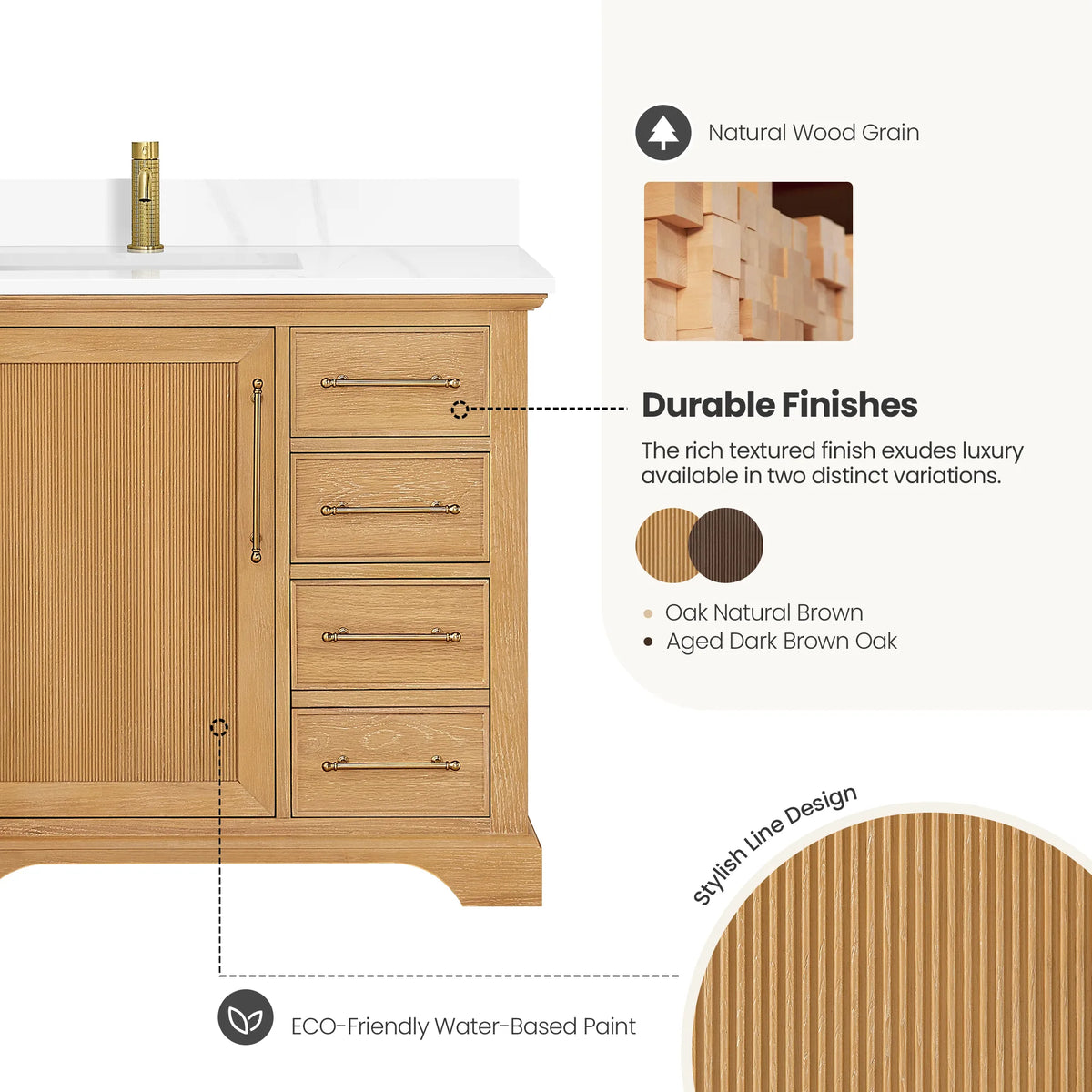 Finish callout showing natural wood grain and the fluted Oak Natural Brown panel