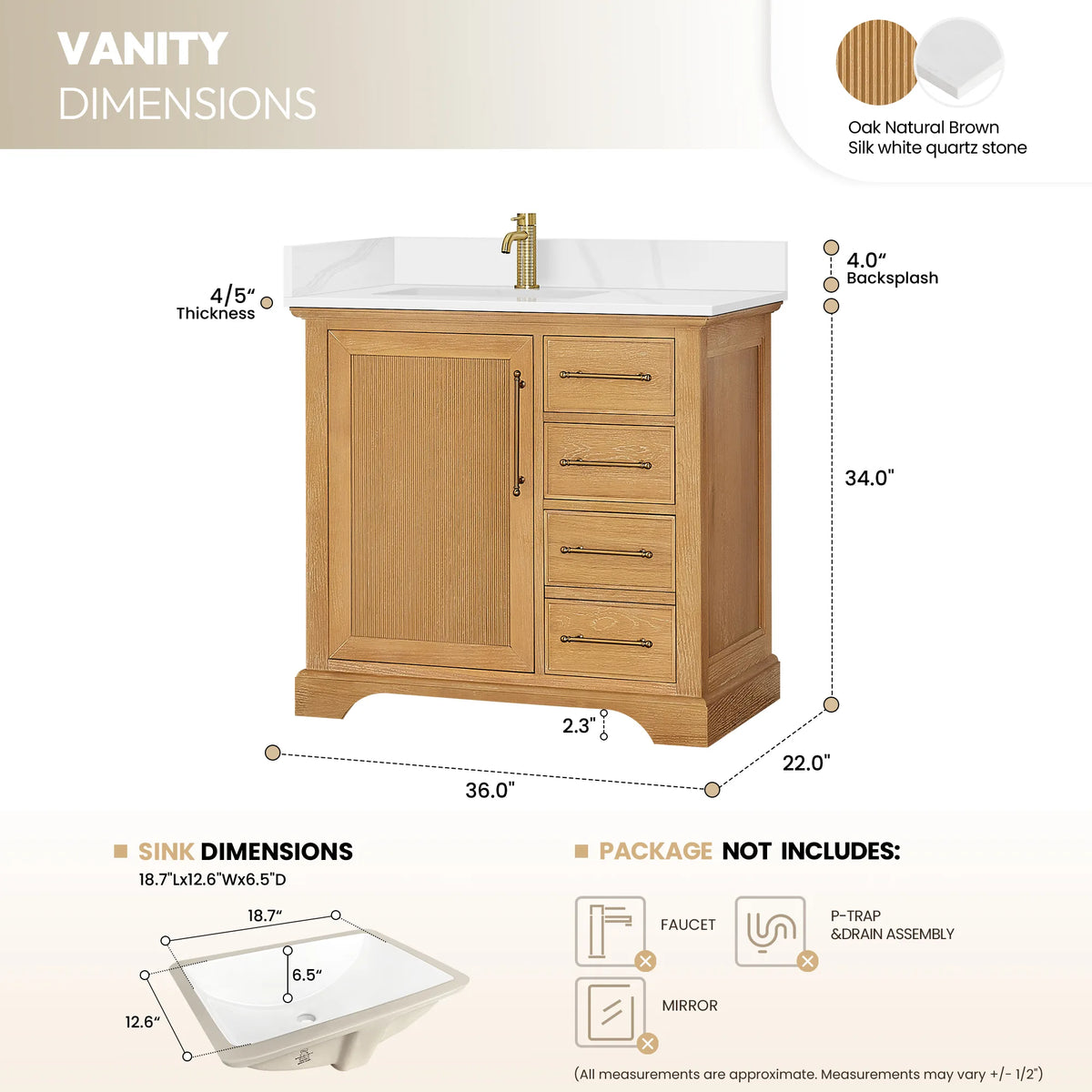 Product sizes for the single vanity: width 36, depth 22, height 34 inches, plus sink cutout